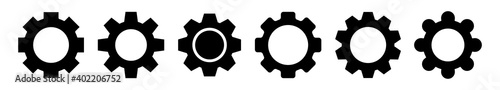  Set gear wheel icon. Gear logo button. Black silhouette isolated. Graphic design vector illustration.