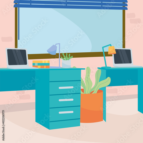 workplace with desks laptops and lamps vector design