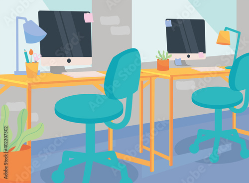 workplace with desks computers lamps and chairs vector design