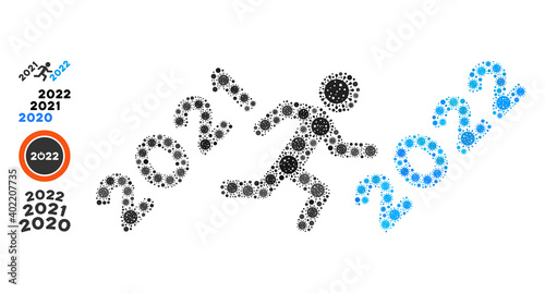 Man run to 2022 coronavirus mosaic icon. Man run to 2022 collage is done with scattered coronavirus particles. Bonus pictograms are added. Flat style.