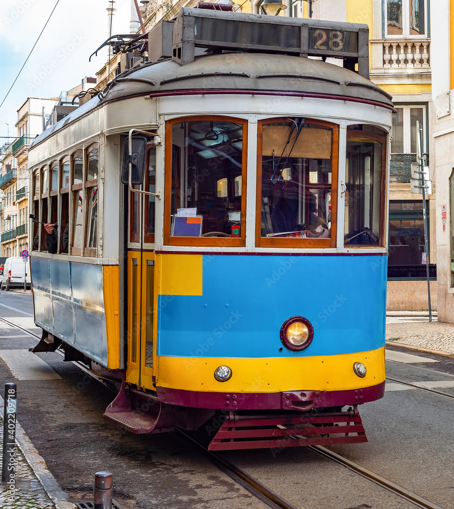 Vintage tramway oldtown Lisbon Portugal