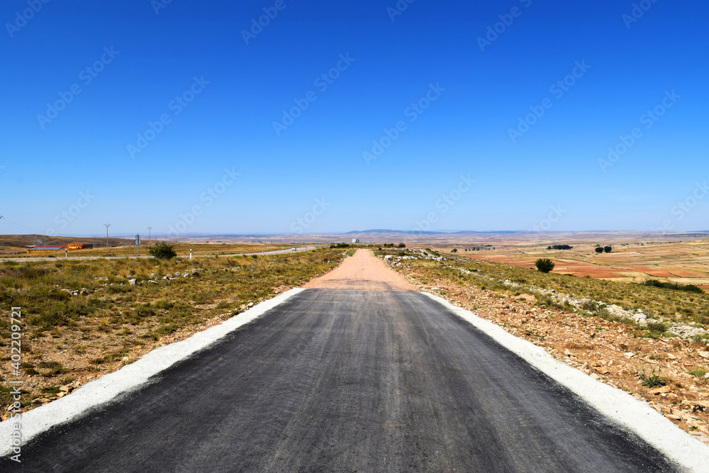The road turns into a dirt road in the middle of an almost desert plain