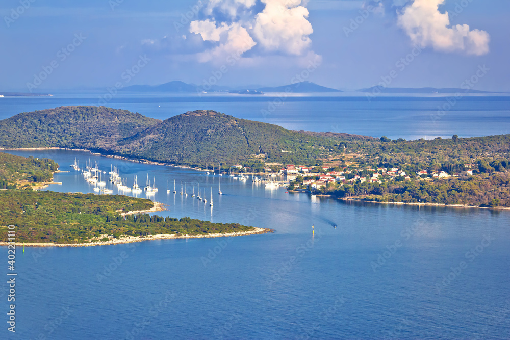 Island of Ilovik yachting bay aerial view