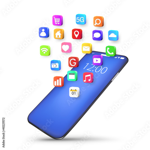 Mobile or smartphone with application icons isolated on white background as new technology concept. vector illustration..