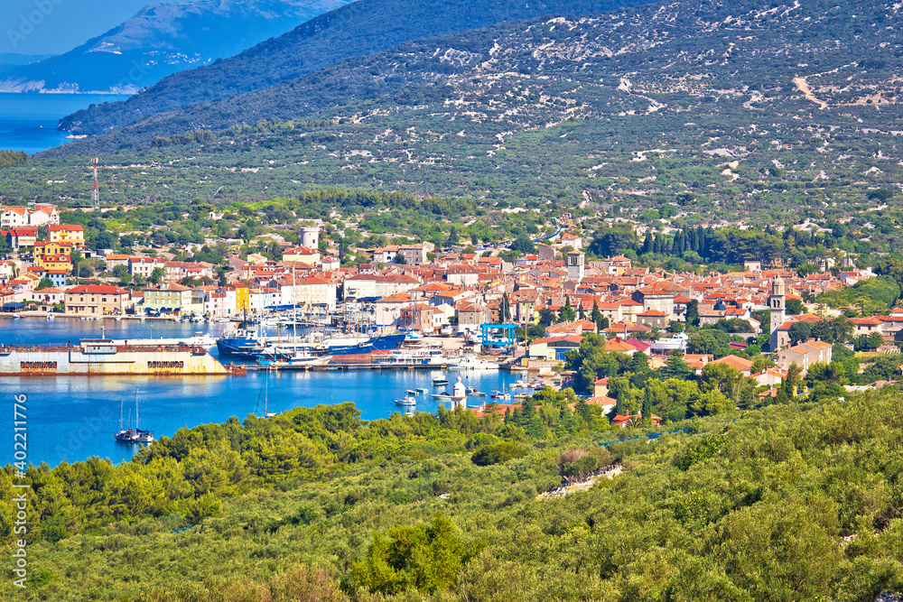 Adriatic Town of Cres bay colorful aerial view
