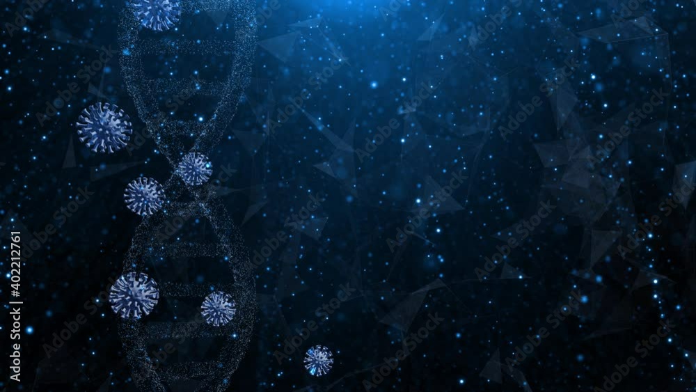 Three-dimensional Coronavirus covid-19 and dna chain structure animation. Concept science copy space background.