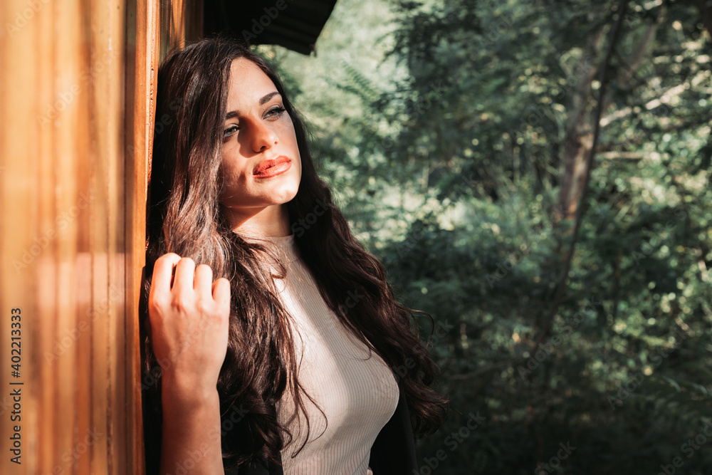 Fototapeta premium Portrait of a beautiful brunette girl. Copy space