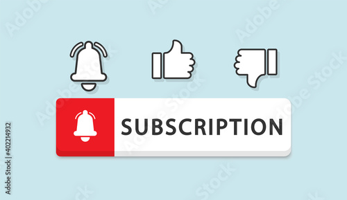 Subscribe button for social networks. Red button with hand cursor and bell to subscribe. Subscribe to the blog, video channel, and newsletter.