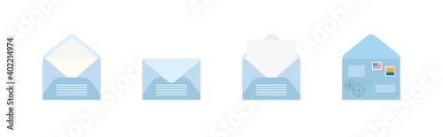 Set of blue envelopes with post stamps in a different views on white background. Set of icons depicting a closed letter. Paper document in an envelope. Delivery of correspondence. Mail icon. Vector