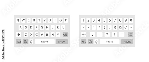 Modern smartphone keyboard . Mobile keyboard. Keyboard of smartphone, alphabet and numbers buttons. Mobile phone keypad vector mock-up. Compact virtual key board for mobile device. Vector photo