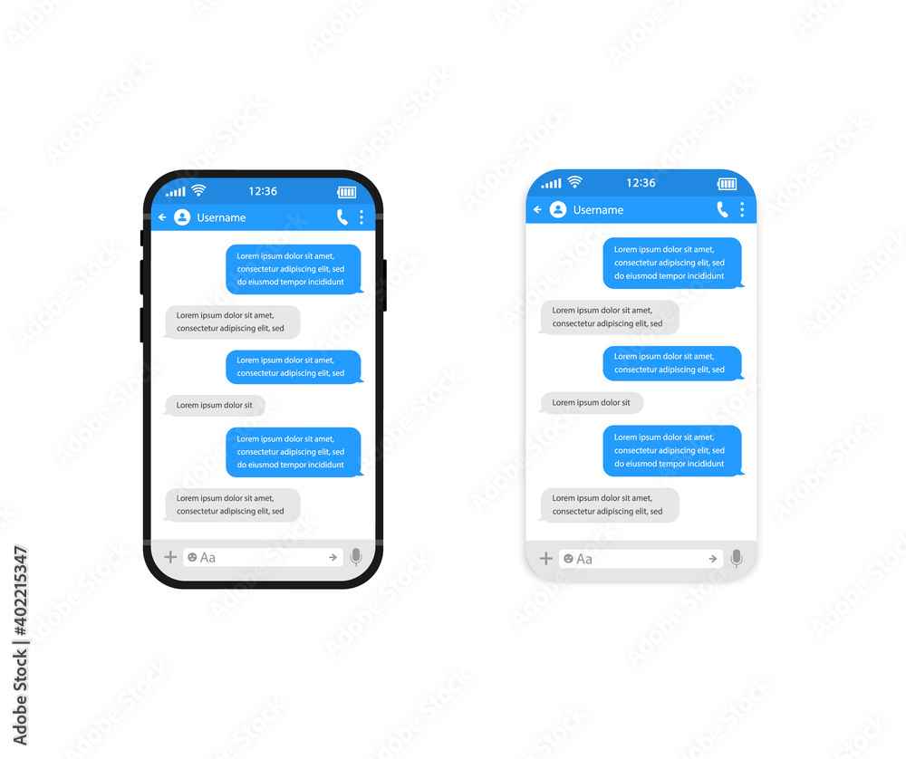 Fototapeta premium Chat templates, message, phone and speech bubble blue colour in flat style. Social media design concept. Sms template bubbles for compose dialogues. Smart Phone with messenger chat screen.