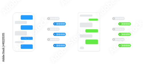 Set of chat templates, messages and speech bubbles in flat style. Social media design concept. Sms template bubbles for compose dialogues. messenger chat screen and voice wave. Compose their dialogues