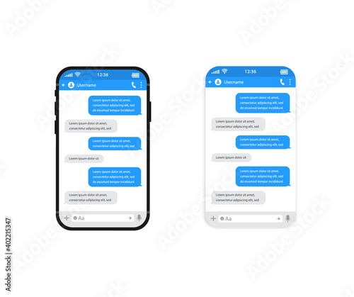 Chat templates, message, phone and speech bubble blue colour in flat style. Social media design concept. Sms template bubbles for compose dialogues. Smart Phone with messenger chat screen.