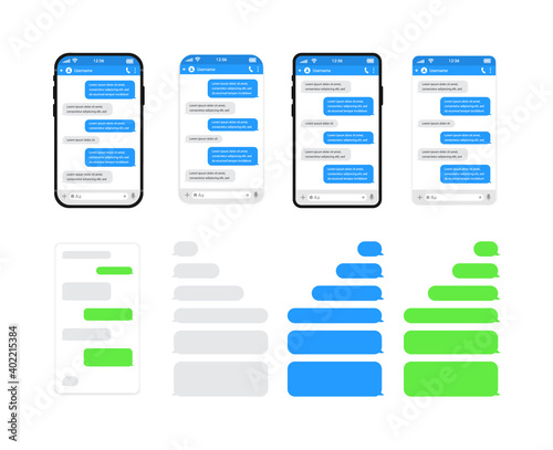 Set of chat templates, messages, phones and speech bubbles green colour in flat style. Social media design concept. Sms template bubbles for compose dialogues. Smart Phone with messenger chat screen.