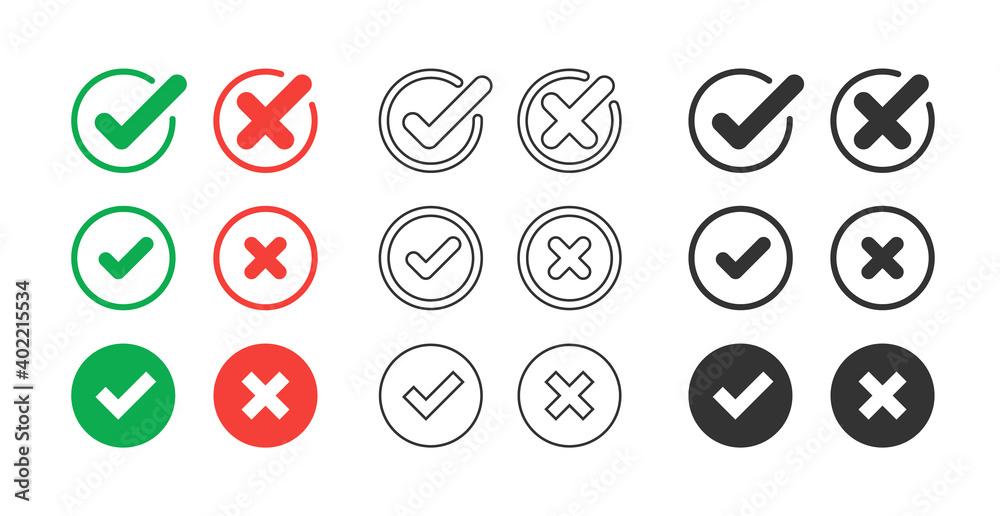 Green check mark and red cross icon.Set of simple icons in flat style: Yes/No, Approved/Disapproved, Accepted/Rejected, Right/Wrong, Correct/False, Green/Red, Ok/Not Ok. Vector illustration Green check mark and red cross icon.Set of simple icons in flat style: Yes/No, Approved/Disapproved, Accepted/Rejected, Right/Wrong, Correct/False, Green/Red, Ok/Not Ok. Vector illustration