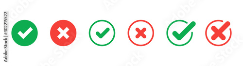 Green check mark and red cross icon.Set of simple icons in flat style: Yes/No, Approved/Disapproved, Accepted/Rejected, Right/Wrong, Correct/False, Green/Red, Ok/Not Ok. Vector illustration