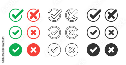 Green check mark and red cross icon.Set of simple icons in flat style: Yes/No, Approved/Disapproved, Accepted/Rejected, Right/Wrong, Correct/False, Green/Red, Ok/Not Ok. Vector illustration