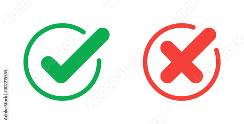 Green check mark and red cross icon.Set of simple icons in flat style: Yes/No, Approved/Disapproved, Accepted/Rejected, Right/Wrong, Correct/False, Green/Red, Ok/Not Ok. Vector illustration photo