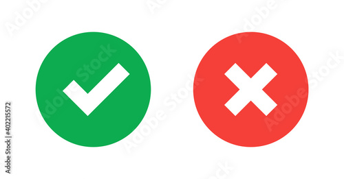 Green check mark and red cross icon.Set of simple icons in flat style: Yes/No, Approved/Disapproved, Accepted/Rejected, Right/Wrong, Correct/False, Green/Red, Ok/Not Ok. Vector illustration