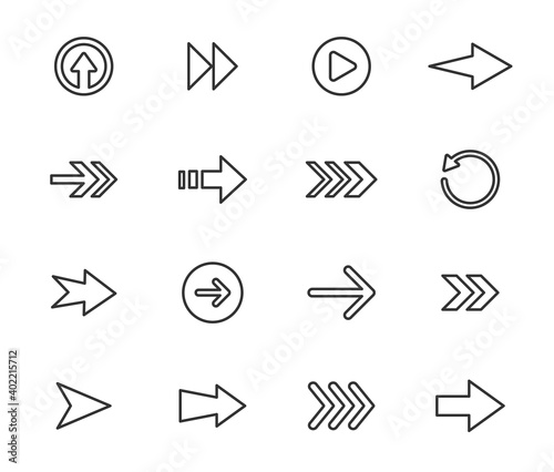 Arrow vector icon set in thin line style.Collection vector arrows icon set for media controls and pointers collection on white background. Vector illustration