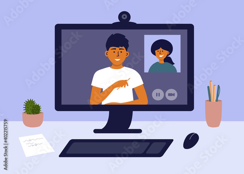 Computer networking in home office. Man and woman make online video call, talk by webcam. Remote team work, web conference. Hiring, job interview. E-learning, studying. Workplace vector illustration