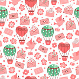 Hand drawn seamless pattern of flowers, leaves, hot air balloons, hearts, envelopes, leaflet. Illustration for design Valentine's day or Birthday card, invitation, wallpaper, wrapping paper, baby room