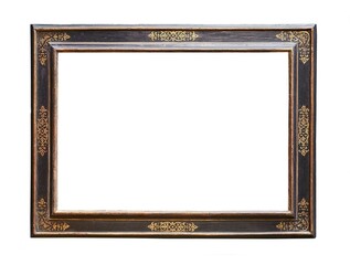 Empty dark decorated picture frame on white background