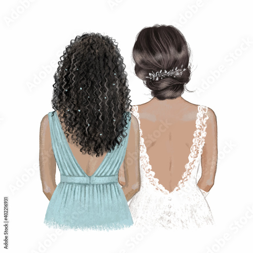 Black bride and bridesmaid. Hand drawn illustration
