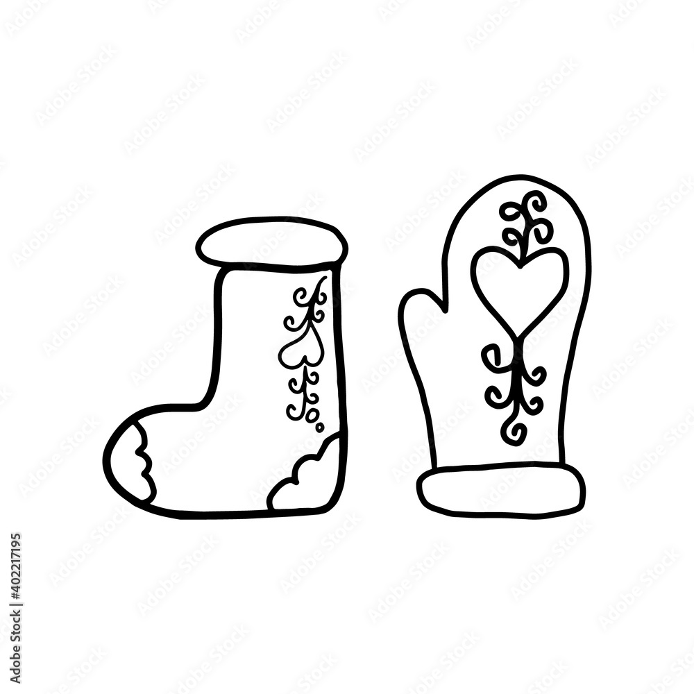Mitten felt boots сoloring page. Hand drawn winter illustration heart. Christmas invitation placard for web element, glove design icon, children book banner kid poster post card template print