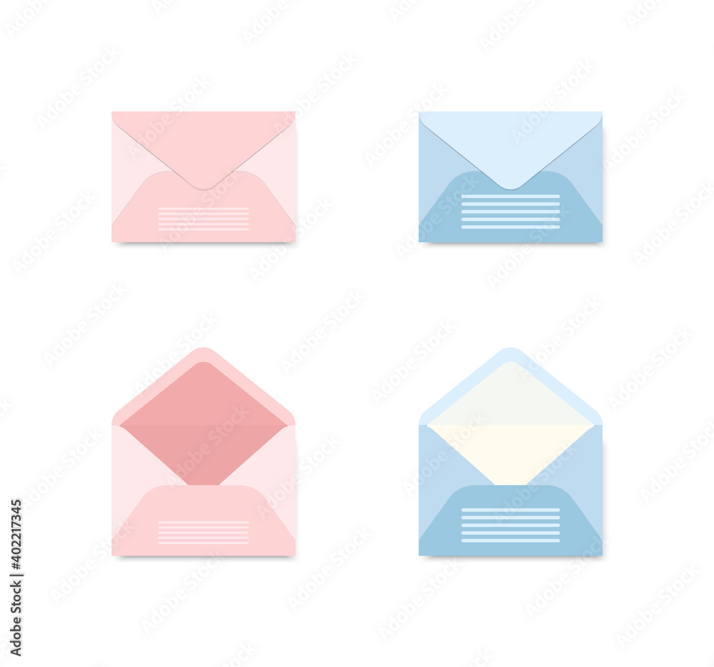Set of blue and pink envelopes in a different views on white background. Set of icons depicting a closed and open letter. Delivery of correspondence. Cute mail icons. Vector illustration Set of blue and pink envelopes in a different views on white background. Set of icons depicting a closed and open letter. Delivery of correspondence. Cute mail icons. Vector illustration