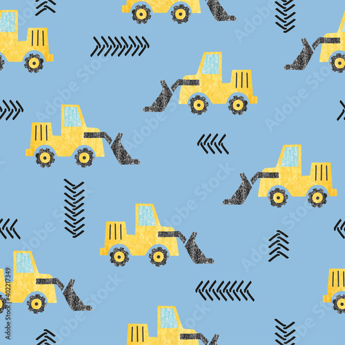Seamless childish cartoon bulldozer pattern. Construction background.
