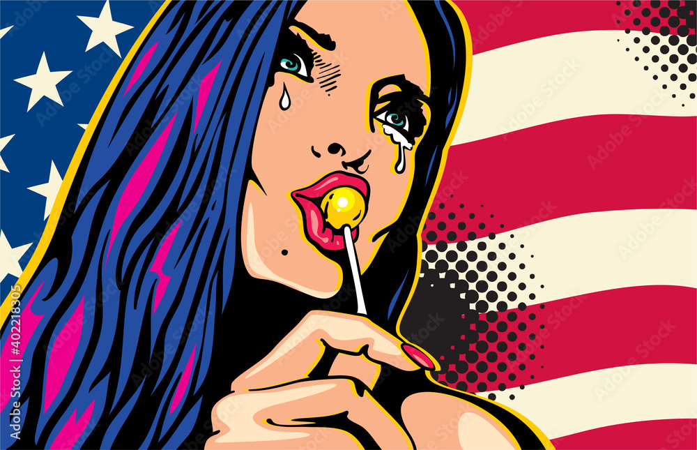 Pop art style beautiful crying woman licking lollipop on American flag  background. I love USA. Valentines day pop art style. Stock Vector | Adobe  Stock