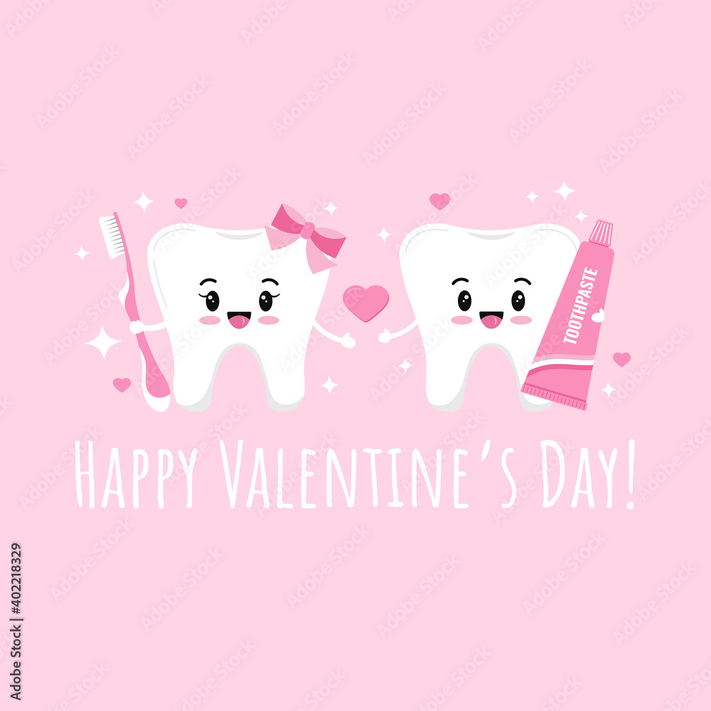 Tooth couple in love with toothpaste, toothbrush, hearts and sparkles. Happy Valentines Day teeth holds brush and paste for dentist. Flat design cartoon funny dental character vector illustration. Tooth couple in love with toothpaste, toothbrush, hearts and sparkles. Happy Valentines Day teeth holds brush and paste for dentist. Flat design cartoon funny dental character vector illustration.