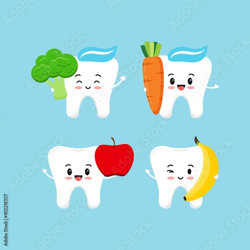 Cute tooth with food for dental health set. Strong white teeth with apple, broccoli, banana and carrot. Children teeth hygiene and eating clipart. Flat design cartoon  character vector illustration.