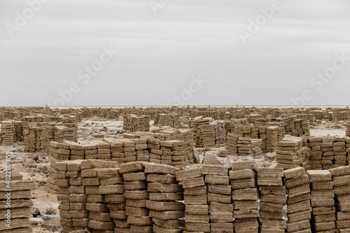 Salt blocks cut in the salt lake stand in piles and disappear