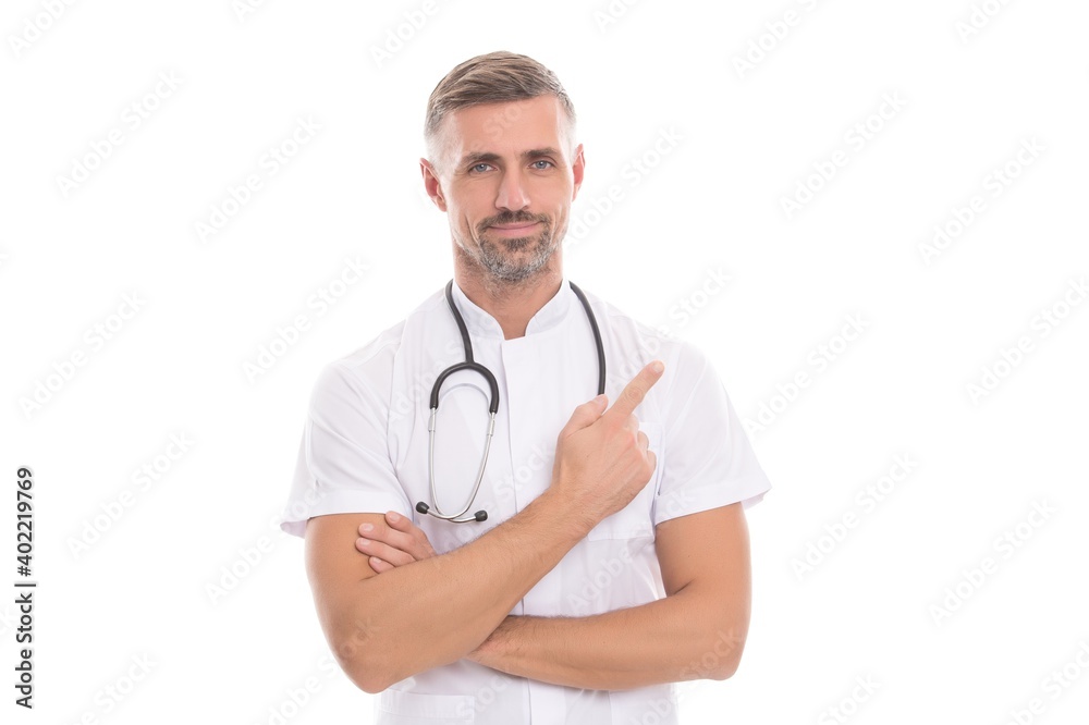 man family doctor or nurse with stethoscope isolated on white pointing finger, covid 19 man family doctor or nurse with stethoscope isolated on white pointing finger, covid 19