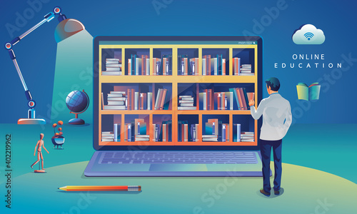 Online Education Application learning worldwide on Laptop, website background. social distance concept book lecture pencil. The classroom training course, library Vector Illustration Flat Design