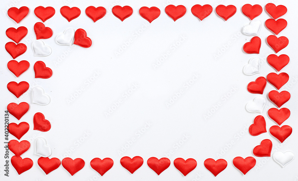 Greeting card with red and white hearts, background, Valentine's day or women's day concept, banner with place for text, Happy holidays, elements for use in a graphic editor,