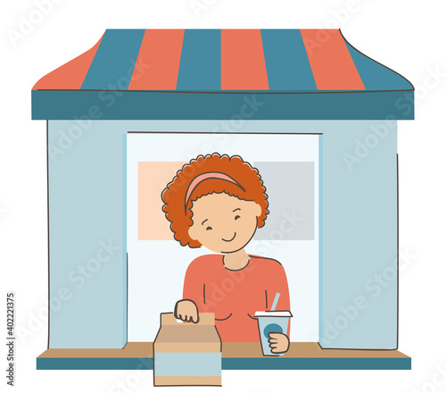 Young woman with curly hair vector. Takeaway drive thru concept vector.