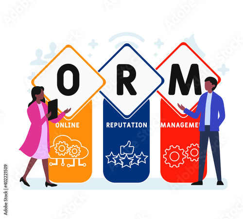 Flat design with people. ORM - online reputation management acronym, business concept background.   Vector illustration for website banner, marketing materials, business presentation, online advertisi