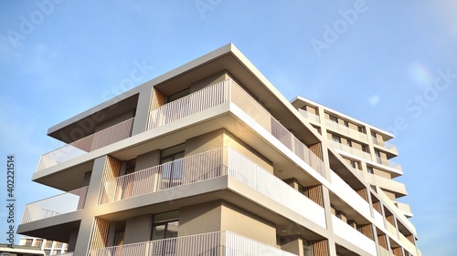 Apartment residential house and home facade architecture and outdoor facilities. Blue sky on the background. Sunlight © Grand Warszawski