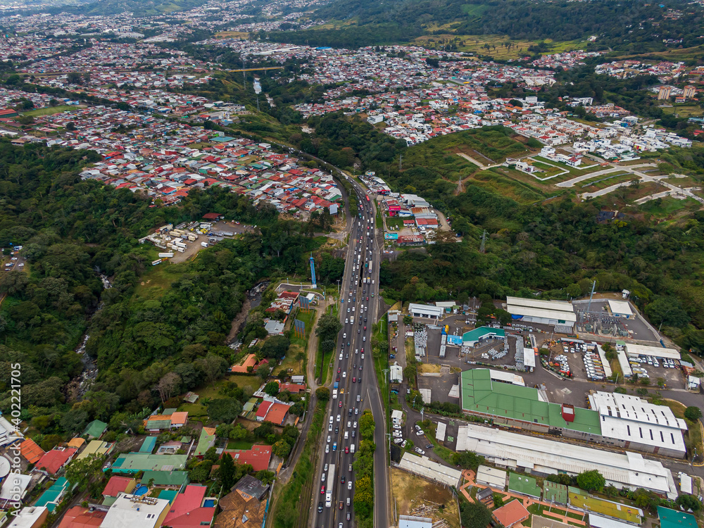 Beautiful aerial view of the city of San Jose Costa Rica and the Central Park of the Sabana
