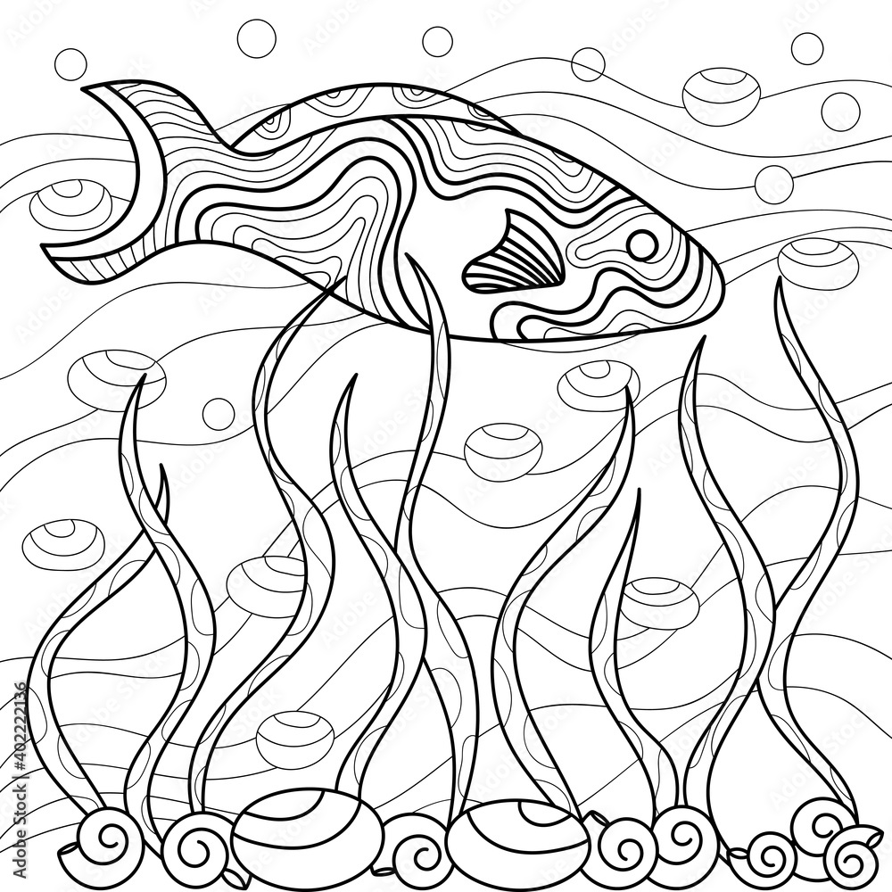 Naklejka premium Page of the coloring book. Hand-drawn fish with seaweed and seashells. Vector isolated illustration