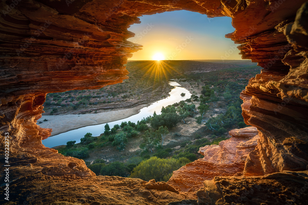 sunrise at natures window in kalbarri national park, western australia - obrazy, fototapety, plakaty 