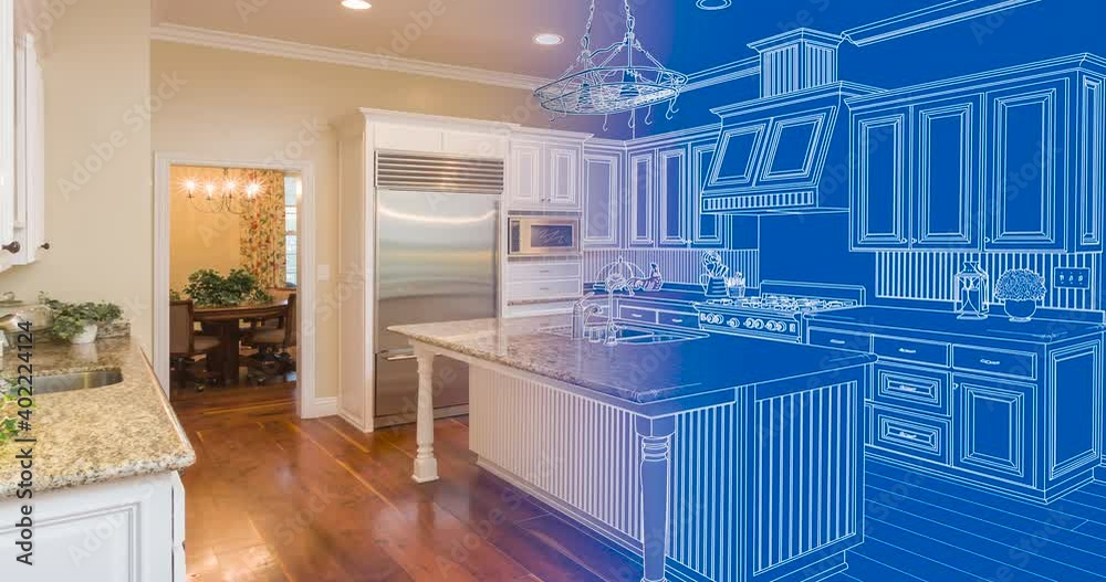 4K Custom Kitchen Blueprint Drawing Transitioning to Completed Build.
