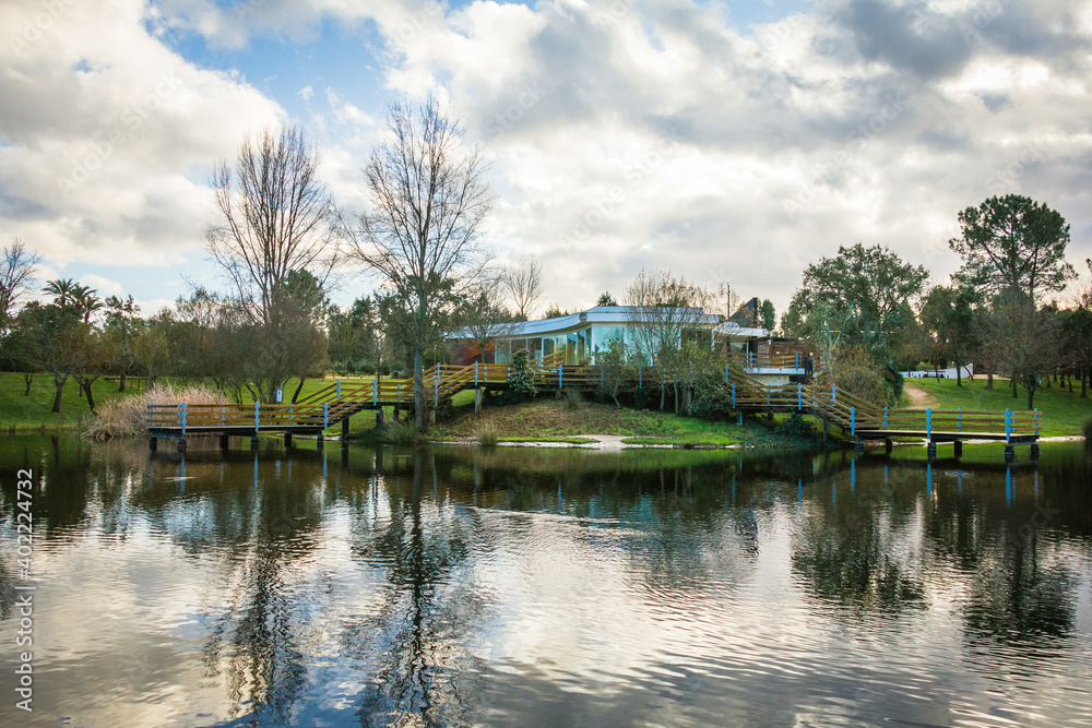 Fototapeta premium Beautiful lake in the park. Butterfly park in Constancia, Portugal.