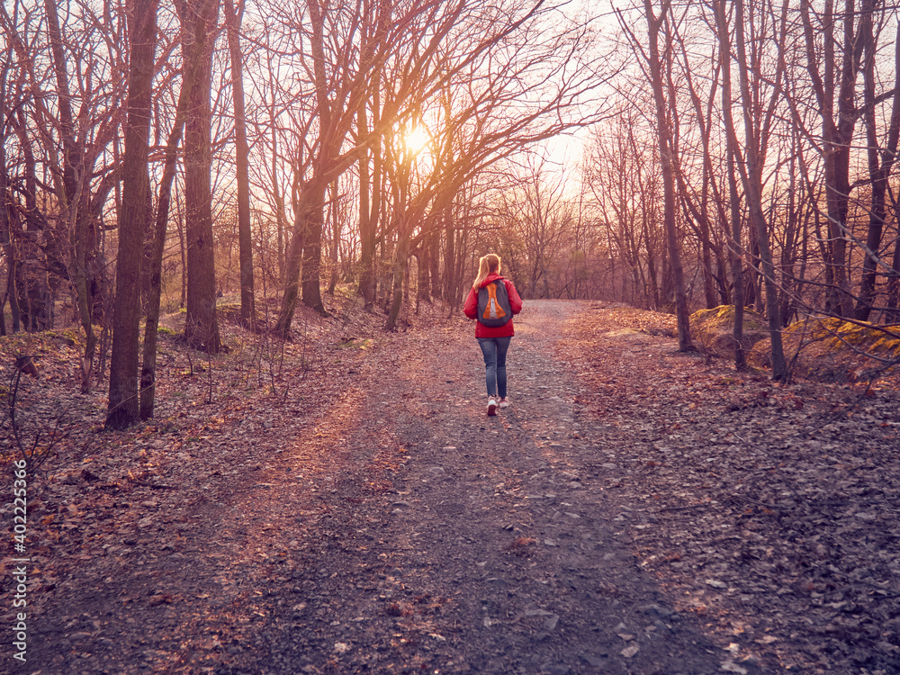 A girl with a backpack walks in a leafy autumn park in the rays of the setting sun A girl with a backpack walks in a leafy autumn park in the rays of the setting sun