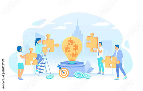 People put puzzles into a big light bulb. Social Innovation, Idea, Strategy, Technology. Working process, teamwork communication. Vector illustration flat style.