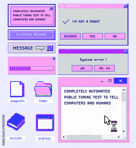 Old user interface windows, retro message box with buttons. Vaporwave and retrowave style elements.