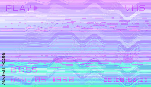 Retro background like in old video tape rewind or no signal TV screen. Vaporwave and retrowave style vector illustration. photo